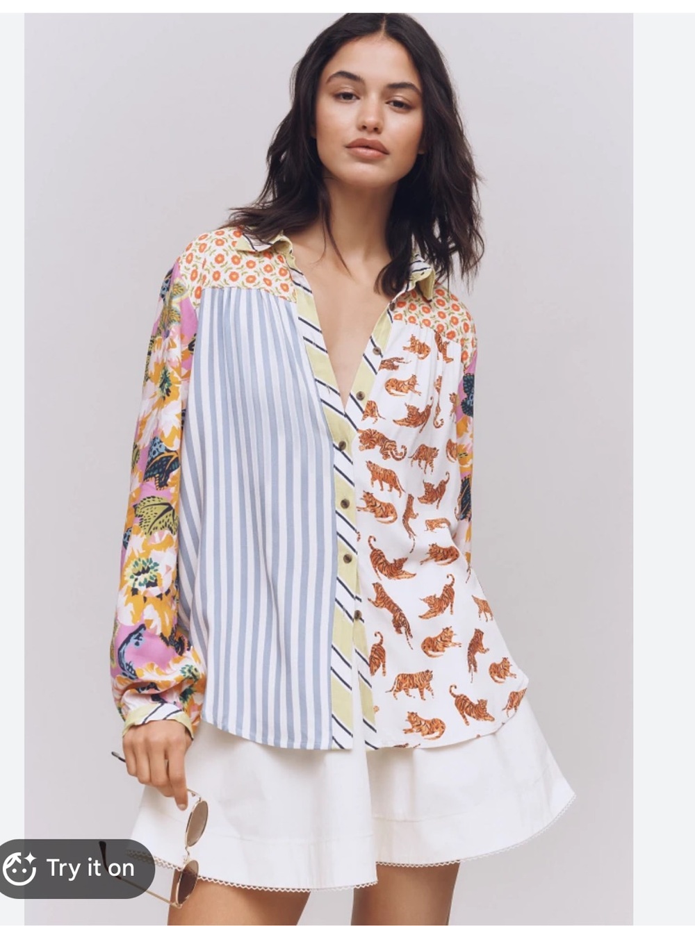 Maeve Multicolor Paz Mixed-Print Button Down Shirt
